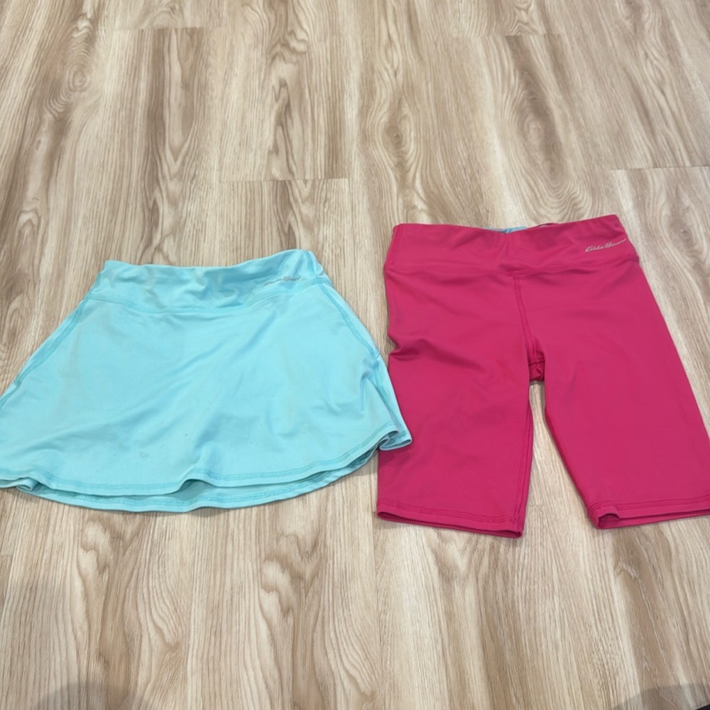 Girls Eddie bauer teal skort and hot pink biker shorts size youth medium 10/12
